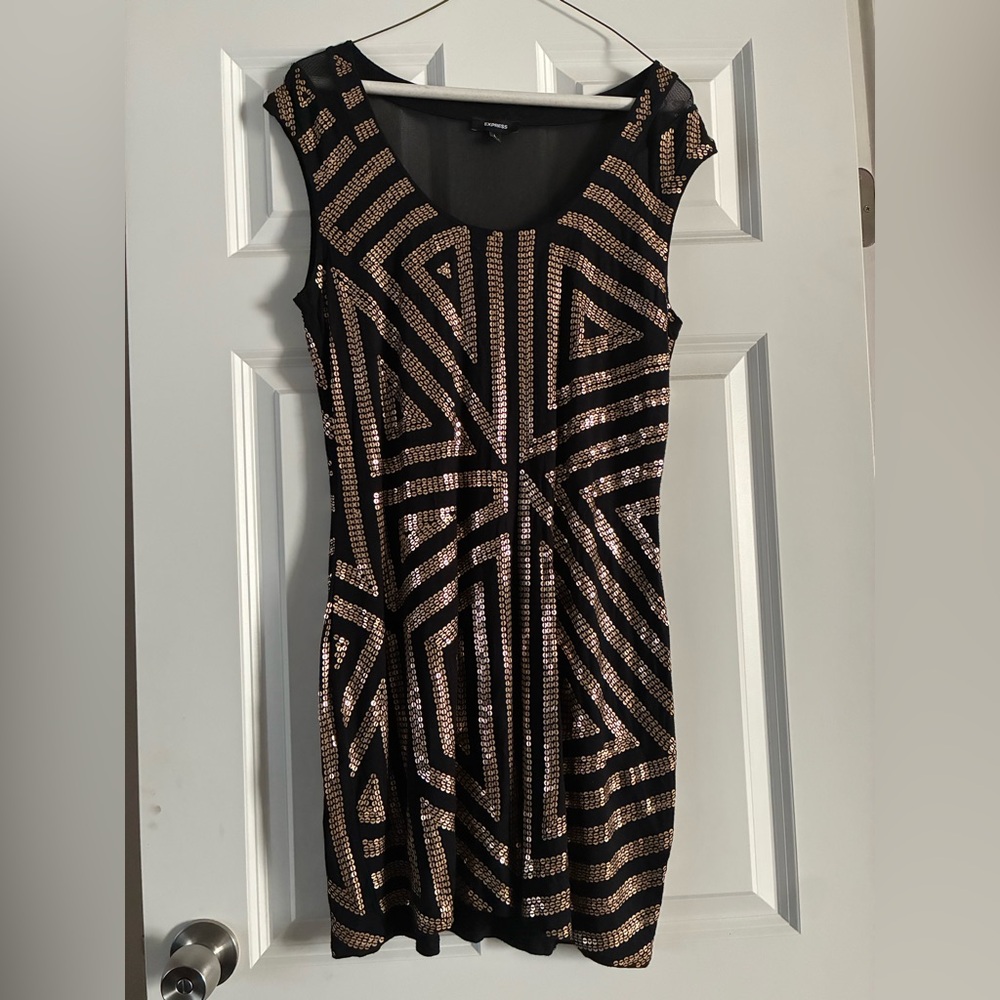 Express Black and Gold Geometric Sequin Dress